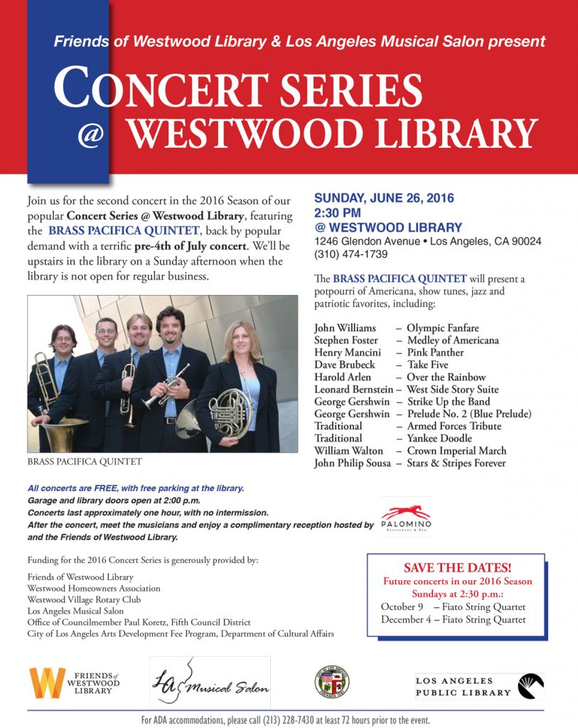 Concert Series Westwood Library, June 26th, 230 PM Free Event